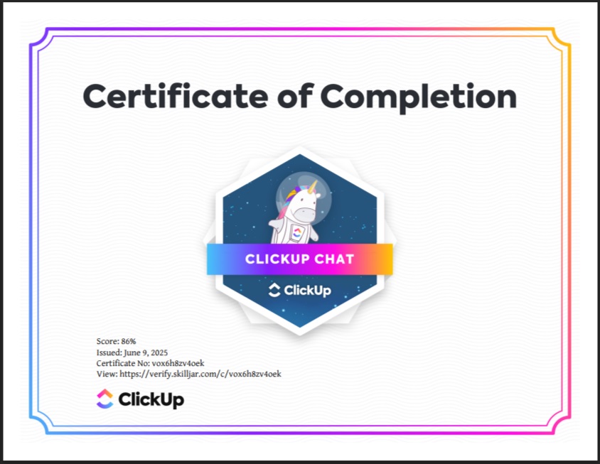 ClickUp Chat Module Certificate